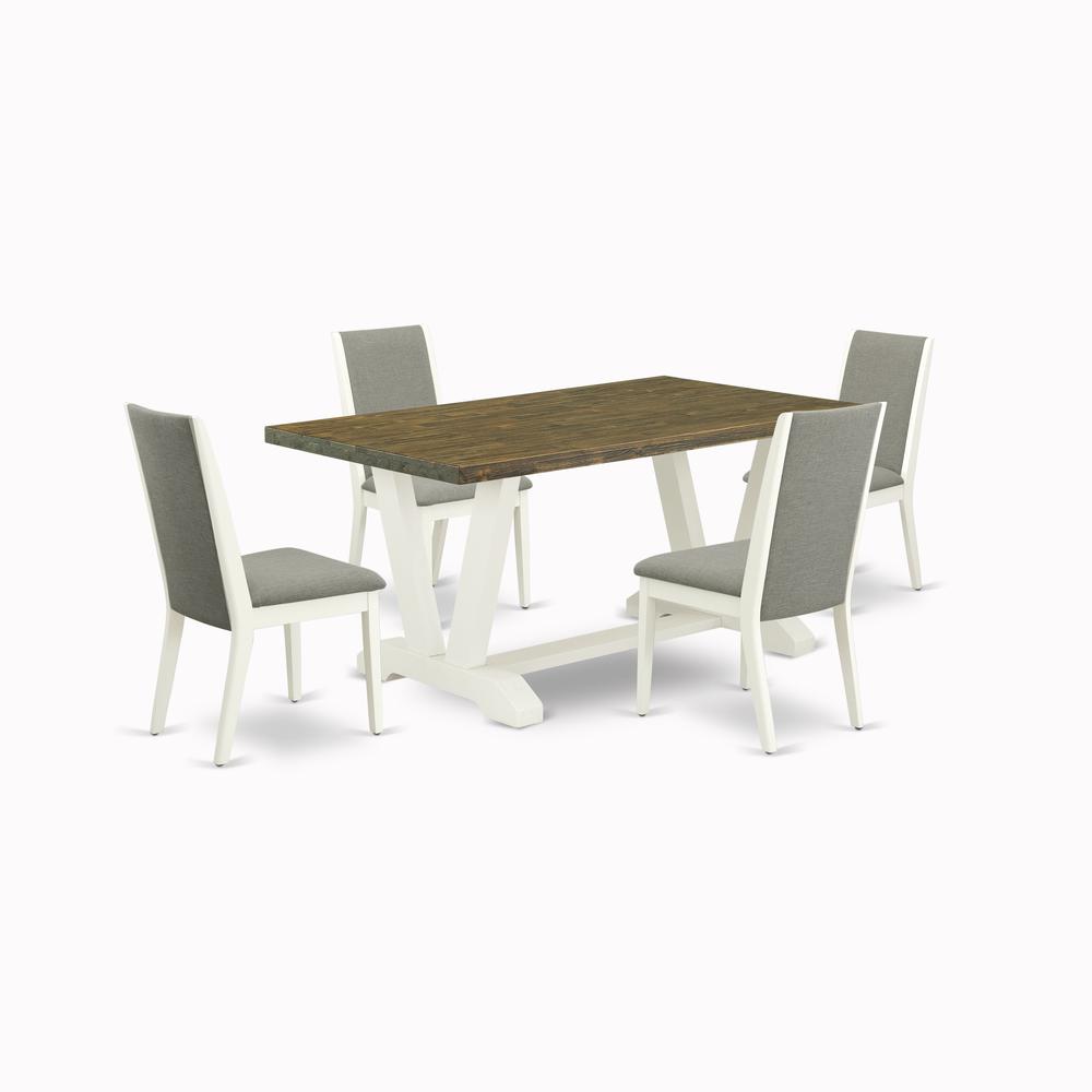 East West Furniture V076LA206-5 5-Pc Fashionable Rectangular Dining Room Table Set an Excellent Distressed Jacobean Color Dining Room Table Top and 4 Excellent Linen Fabric Kitchen Chairs with Stylish. Picture 1