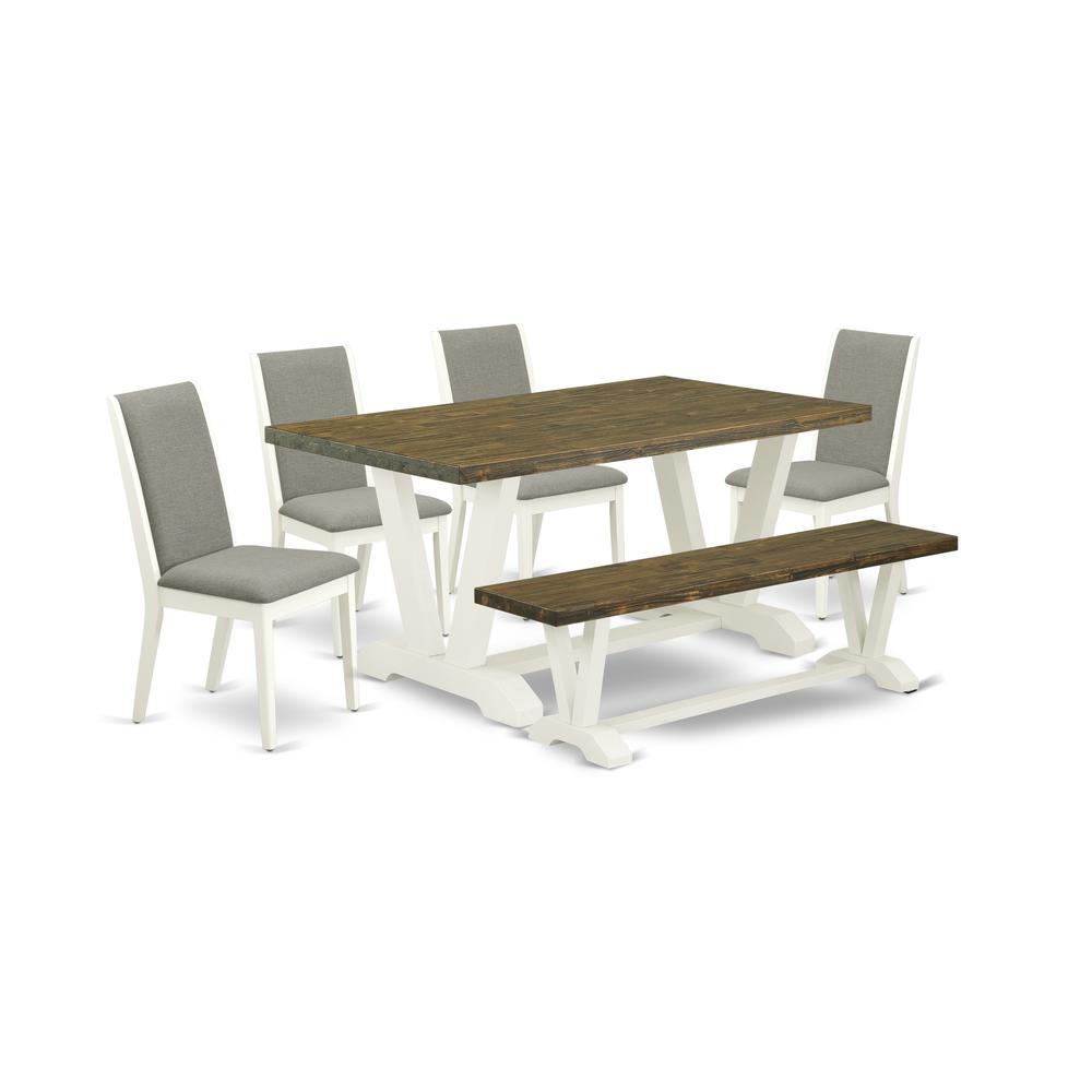 East West Furniture V076LA206-6 6-Piece Fashionable Dining Room Set an Excellent Distressed Jacobean Kitchen Rectangular Table Top and Distressed Jacobean Bench and 4 Amazing Linen Fabric Dining Chair. Picture 1