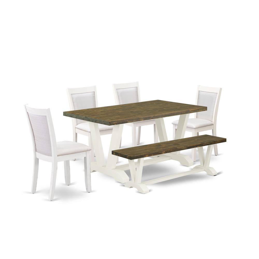 V076MZ001-6 6-Pc Table Set Consists of a Dining Table - 4 Cream Parson Chairs and a Small Bench - Wire Brushed Linen White Finish. Picture 2