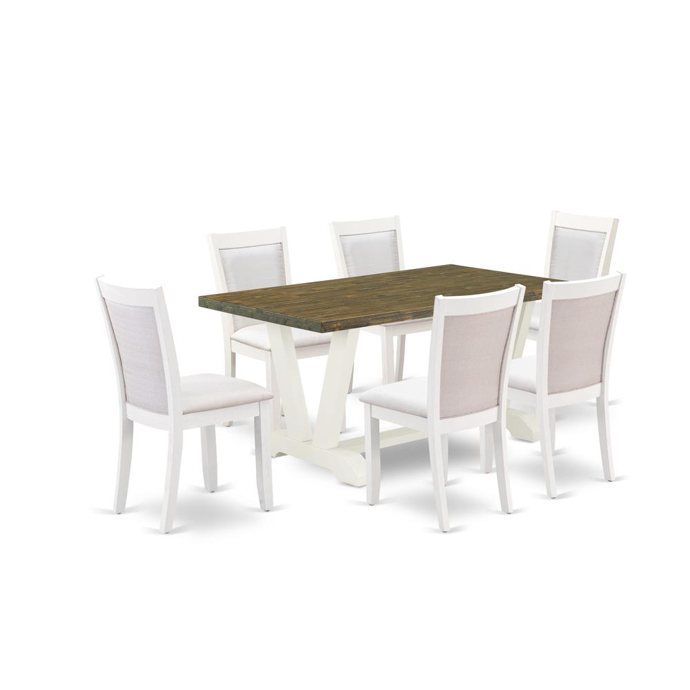 V076MZ001-7 7-Piece Dining Room Table Set Consists of a Wooden Table and 6 Cream Dinner Chairs - Wire Brushed Linen White Finish. Picture 2