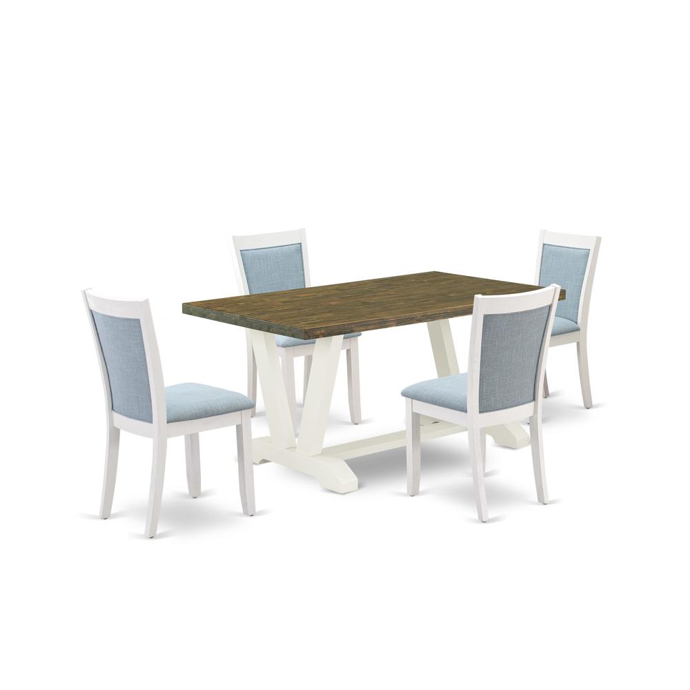V076MZ015-5 5-Piece Modern Dining Set Consists of a Dining Table and 4 Baby Blue Parson Chairs - Wire Brushed Linen White Finish. Picture 2