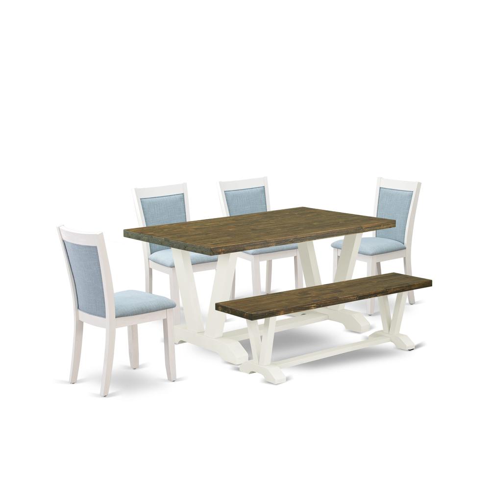 V076MZ015-6 6-Pc Dining Set Consists of a Wood Table - 4 Baby Blue Parson Chairs and a Bench - Wire Brushed Linen White Finish. Picture 2