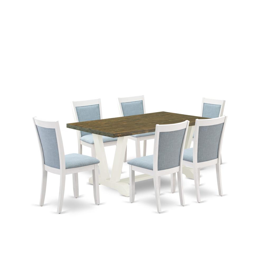 V076MZ015-7 7-Piece Dinner Table Set Consists of a Wooden Table and 6 Baby Blue Dining Chairs - Wire Brushed Linen White Finish. Picture 2