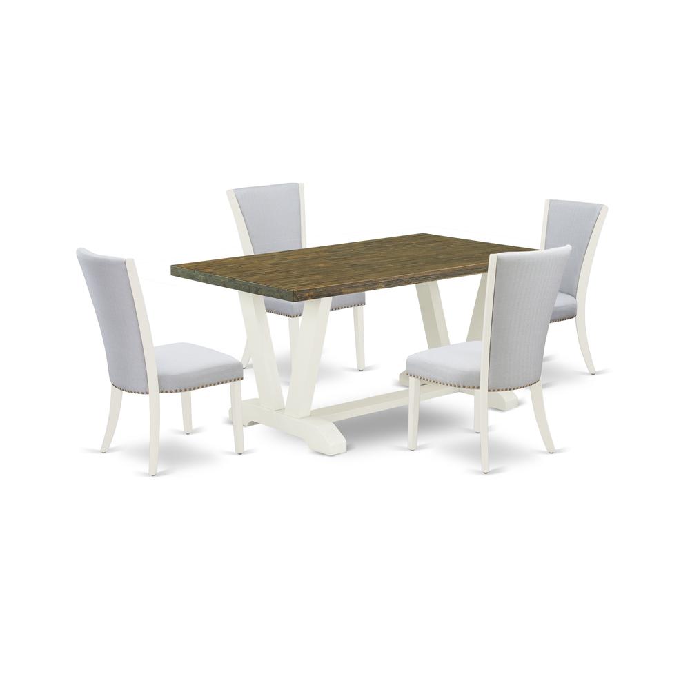 East West Furniture 5-Pc Dinette Set Consists of 4 Modern Chairs with Upholstered Seat and Stylish Back-Rectangular Wood Dining Table - Distressed Jacobean and Wirebrushed Linen White Finish. Picture 1
