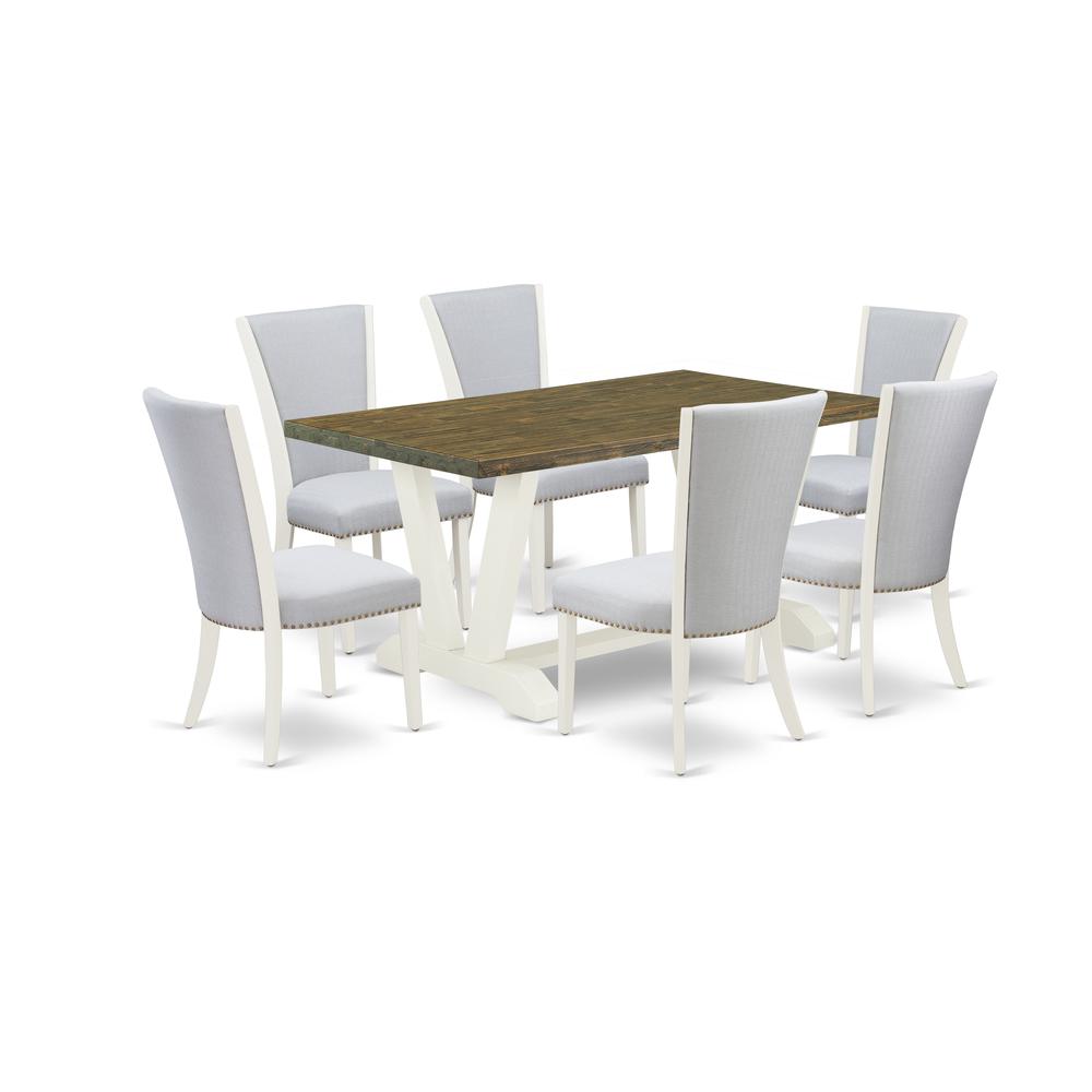 East West Furniture 7-Piece Dining Table Set Includes 6 Modern Chairs with Upholstered Seat and Stylish Back-Rectangular Wooden Dining Table - Distressed Jacobean and Wirebrushed Linen White Finish. Picture 1