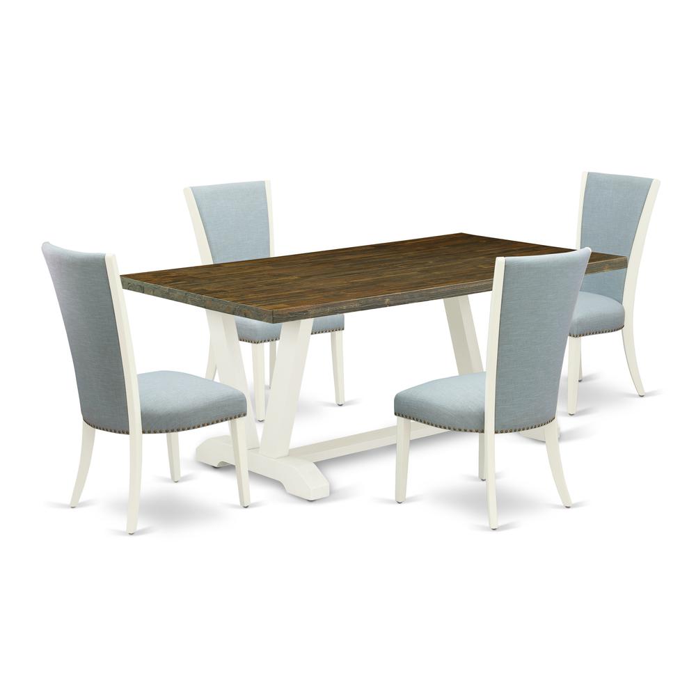 East West Furniture V076VE215-5 5 Piece Mid Century Dining Set - 4 Baby Blue Linen Fabric Kitchen Chair with Nailheads and Distressed Jacobean Wooden Dining Table - Linen White Finish. Picture 1