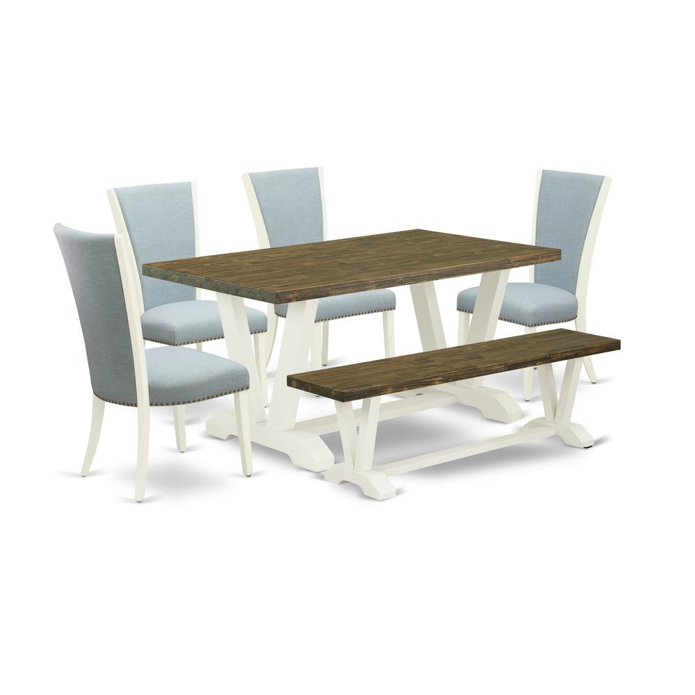 East West Furniture V076VE215-6 6 Piece Dining Set - 4 Baby Blue Linen Fabric Parsons Chair with Nailheads and Distressed Jacobean Rectangular Dining Table - 1 Kitchen Bench - Linen White Finish. Picture 1