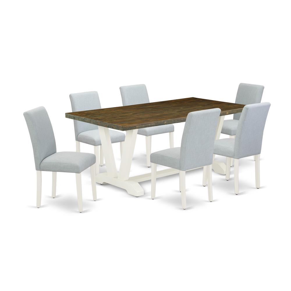 East West Furniture 7-Pc kitchen dining table set Includes 6 Dining Chairs with Upholstered Seat and High Back and a Rectangular Modern Kitchen Table - Linen White Finish. Picture 1