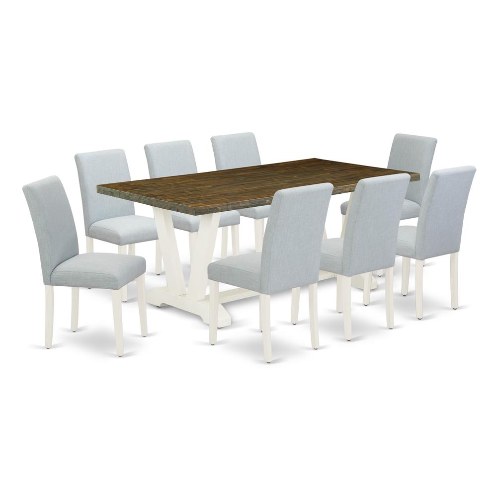 East West Furniture 9-Piece Dining Room Set Includes 8 Upholstered Dining Chairs with Upholstered Seat and High Back and a Rectangular Modern Dining Table - Linen White Finish. Picture 1