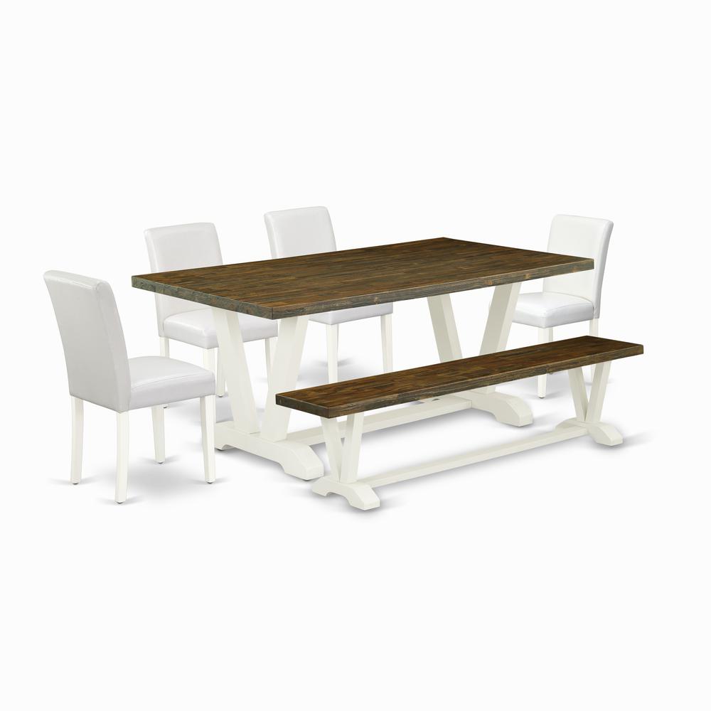 East West Furniture V077AB264-6 6-Piece Fashionable Dining Room Table Set a Superb Distressed Jacobean Kitchen Rectangular Table Top and Distressed Jacobean Wooden Bench Indoor and 4 Beautiful Pu Leat. Picture 1