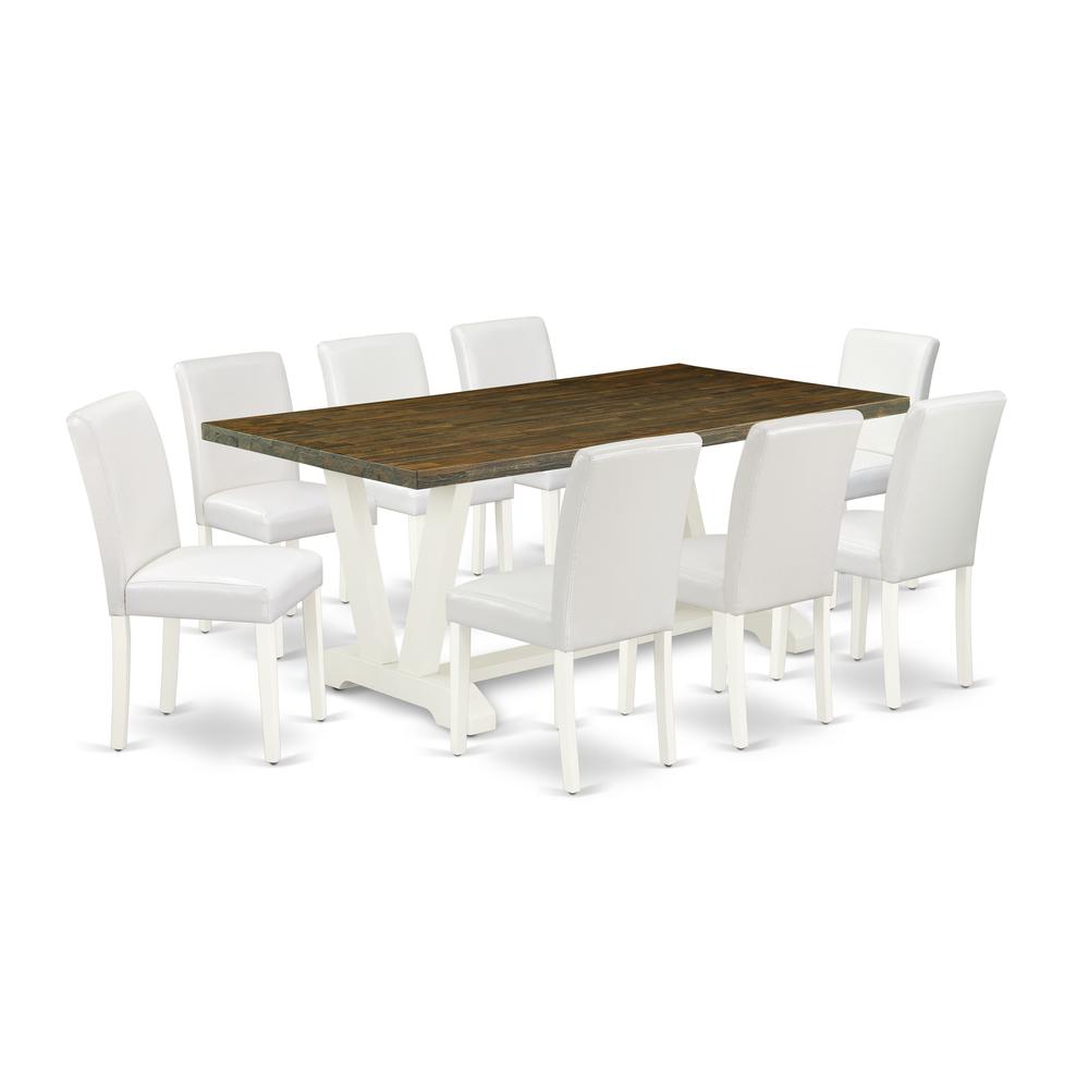 East West Furniture V077AB264-9 9-Piece Beautiful Rectangular Table Set a Good Distressed Jacobean Kitchen Table Top and 8 Stunning Pu Leather Dining Room Chairs with Stylish Chair Back, Linen White F. Picture 1