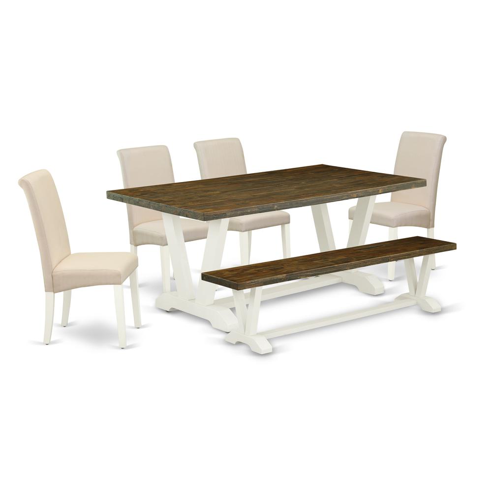 East West Furniture 6-Piece Fashionable Dining Set a Great Distressed Jacobean Wood Dining Table Top and Distressed Jacobean Kitchen Bench and 4 Gorgeous Linen Fabric Kitchen Parson Chairs with High R. Picture 1