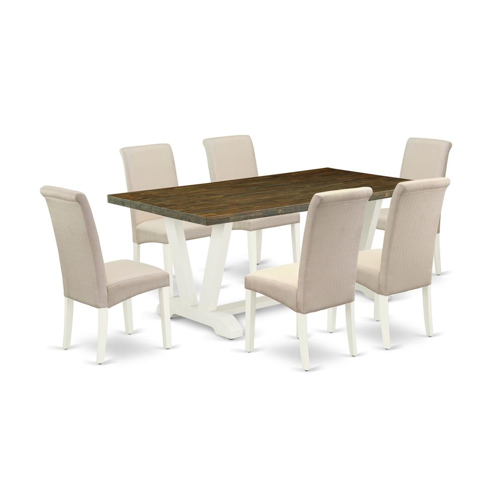 East West Furniture 7-Piece Awesome Dinette Set a Good Distressed Jacobean Wood Dining Table Top and 6 Lovely Linen Fabric Parson Chairs with High Roll Chair Back, Linen White Finish. Picture 1