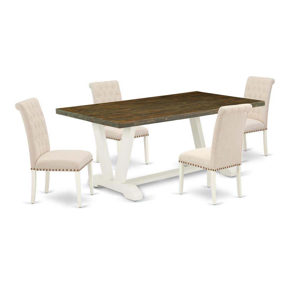 East West Furniture V077BR202-5 5-Piece Gorgeous kitchen table set an Excellent Distressed Jacobean Kitchen Table Top and 4 Wonderful Linen Fabric Parson Chairs with Nail Heads and Button Tufted Chair. Picture 1