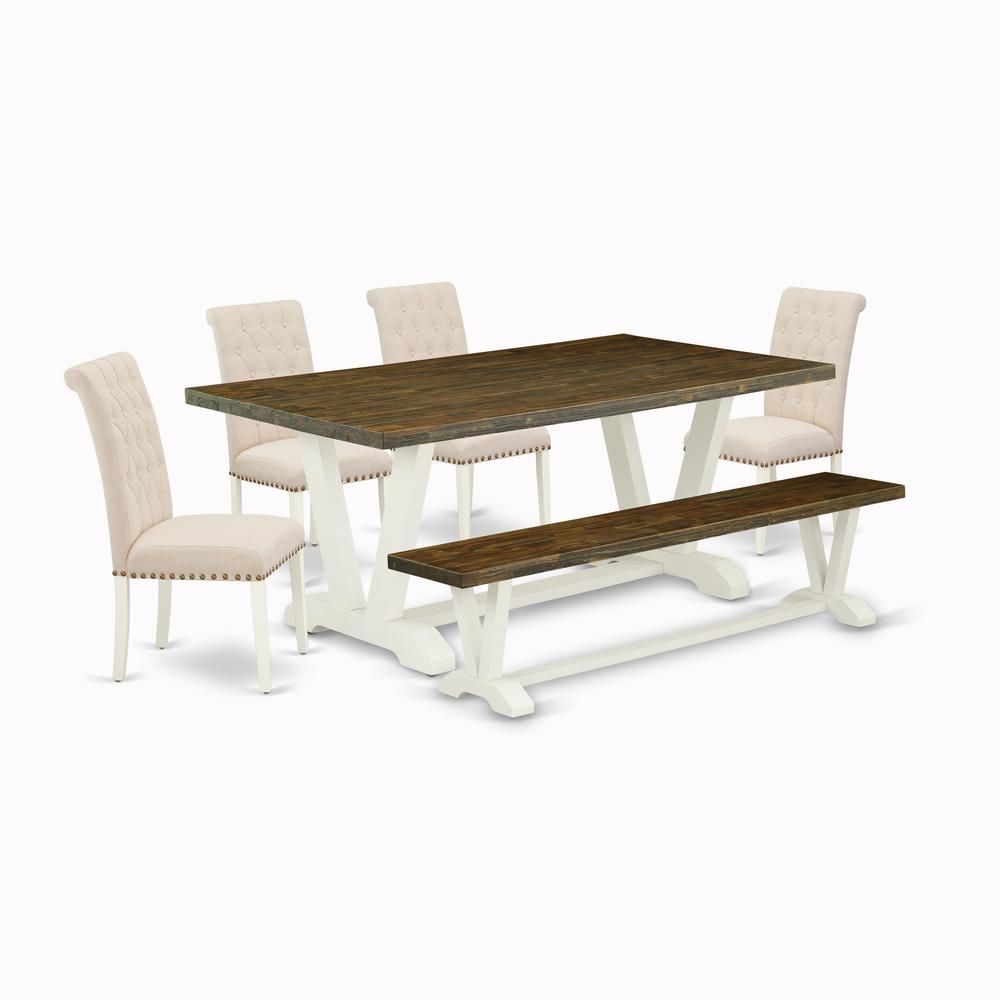 East West Furniture V077BR202-6 6-Piece Modern Dining Set an Outstanding Distressed Jacobean Wood Table Top and Distressed Jacobean Wood Bench and 4 Beautiful Linen Fabric Parson Chairs with Nail Head. Picture 1