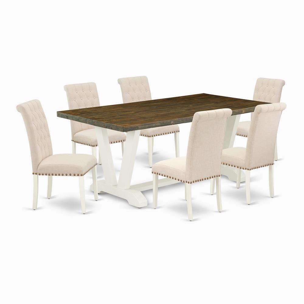 East West Furniture V077BR202-7 7-Piece Amazing Dining Table Set an Outstanding Distressed Jacobean Wood Table Top and 6 Beautiful Linen Fabric Modern Dining Chairs with Nail Heads and Button Tufted C. Picture 1