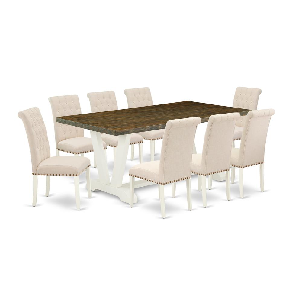 East West Furniture V077BR202-9 9-Piece Awesome Modern Dining Table Set an Excellent Distressed Jacobean rectangular Table Top and 8 Lovely Linen Fabric Solid Wood Leg chairs with Nail Heads and Butto. Picture 1