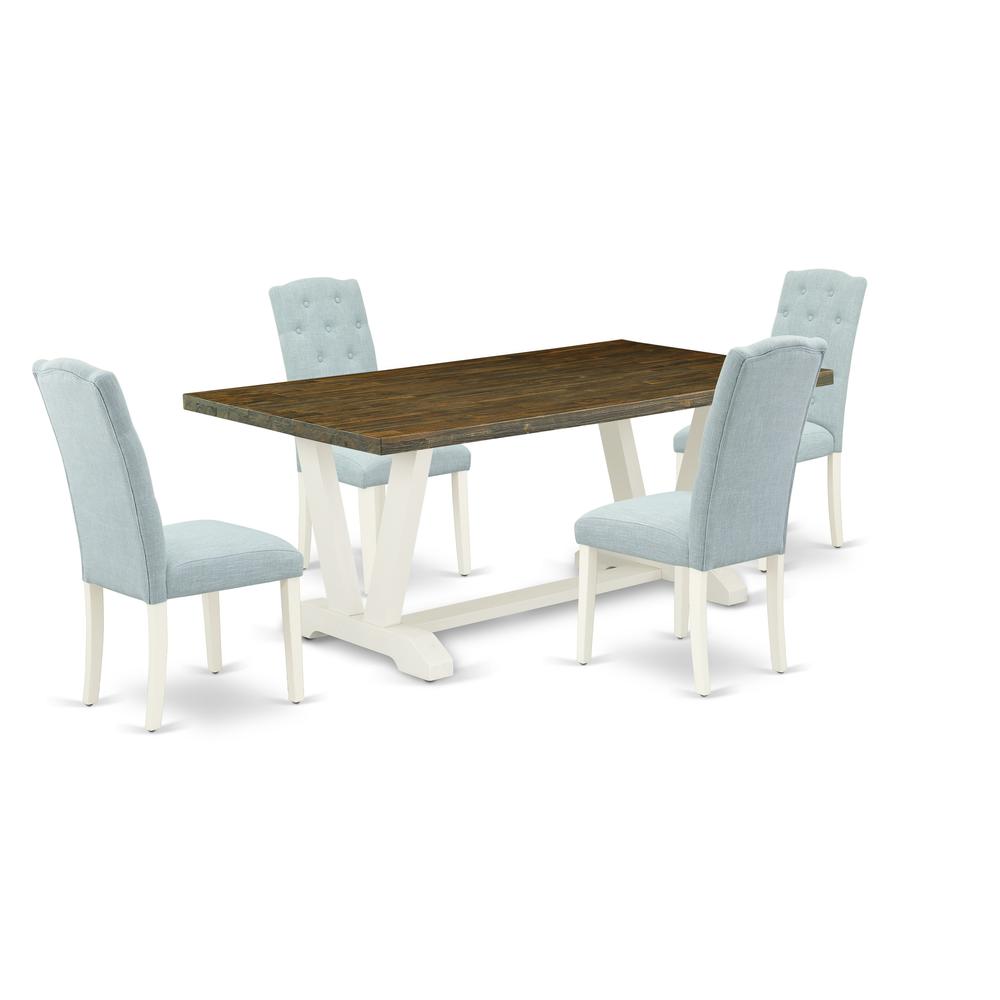 East West Furniture V077CE215-5 5-Pc Dining Table Set- 4 Mid Century Dining Chairs with Baby Blue Linen Fabric Seat and Button Tufted Chair Back - Rectangular Table Top & Wooden Legs - Distressed Jaco. Picture 1