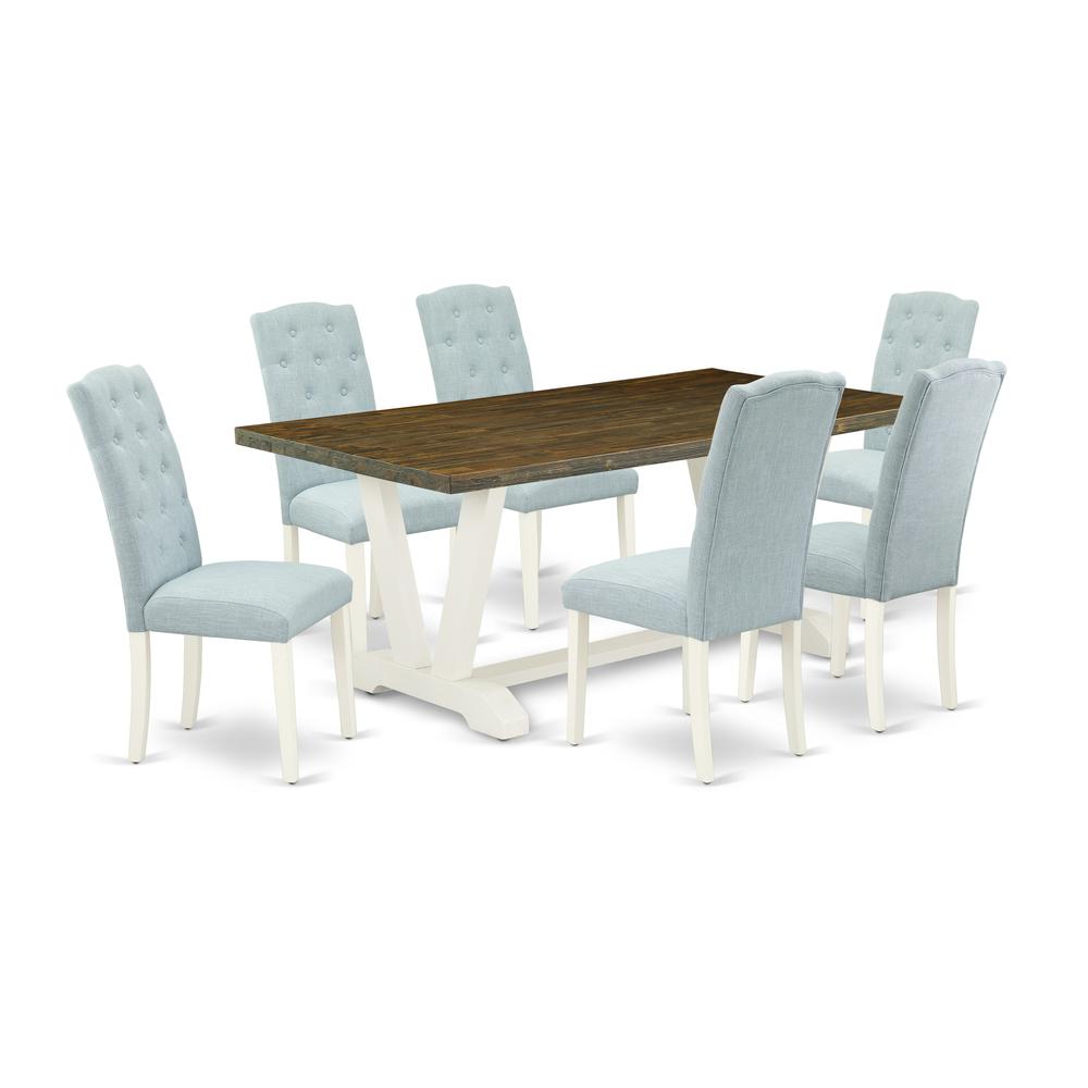 East West Furniture V077CE215-7 7-Pc Dining Room Set- 6 Dining Padded Chairs with Baby Blue Linen Fabric Seat and Button Tufted Chair Back - Rectangular Table Top & Wooden Legs - Distressed Jacobean a. Picture 1