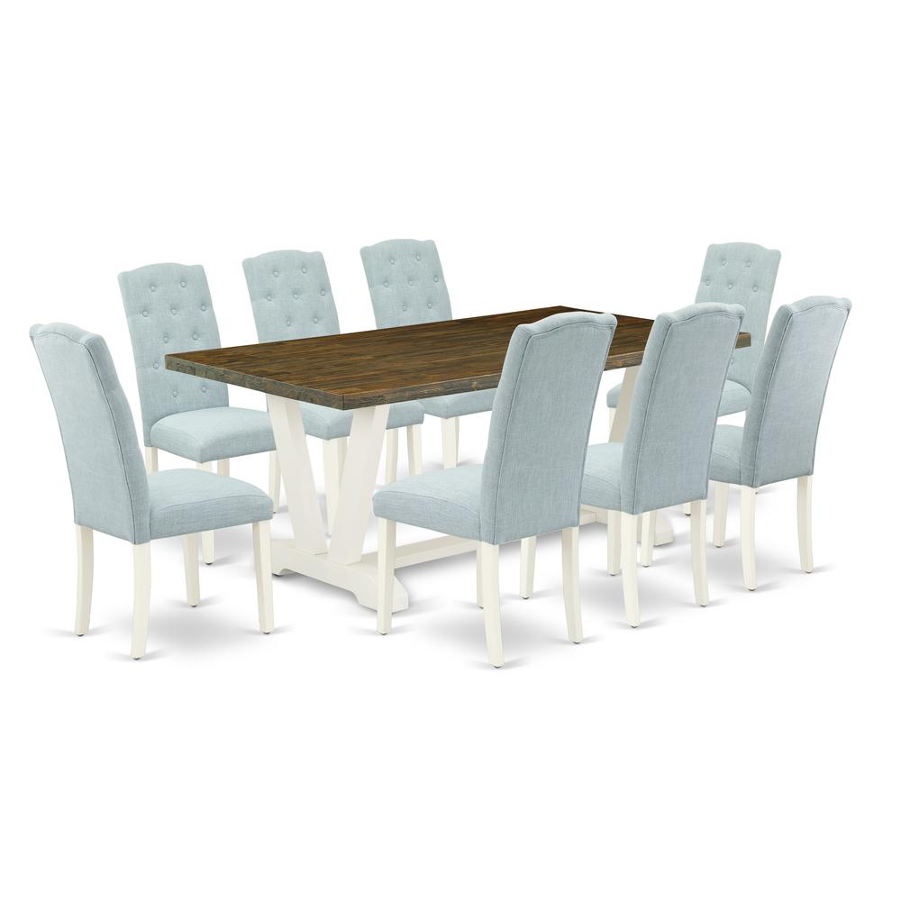 East West Furniture V077CE215-9 9-Piece Kitchen Dining Room Set-8 Parson Chairs with Baby Blue Linen Fabric Seat and Button Tufted Chair Back - Rectangular Table Top & Wooden Legs - Distressed Jacobea. Picture 1