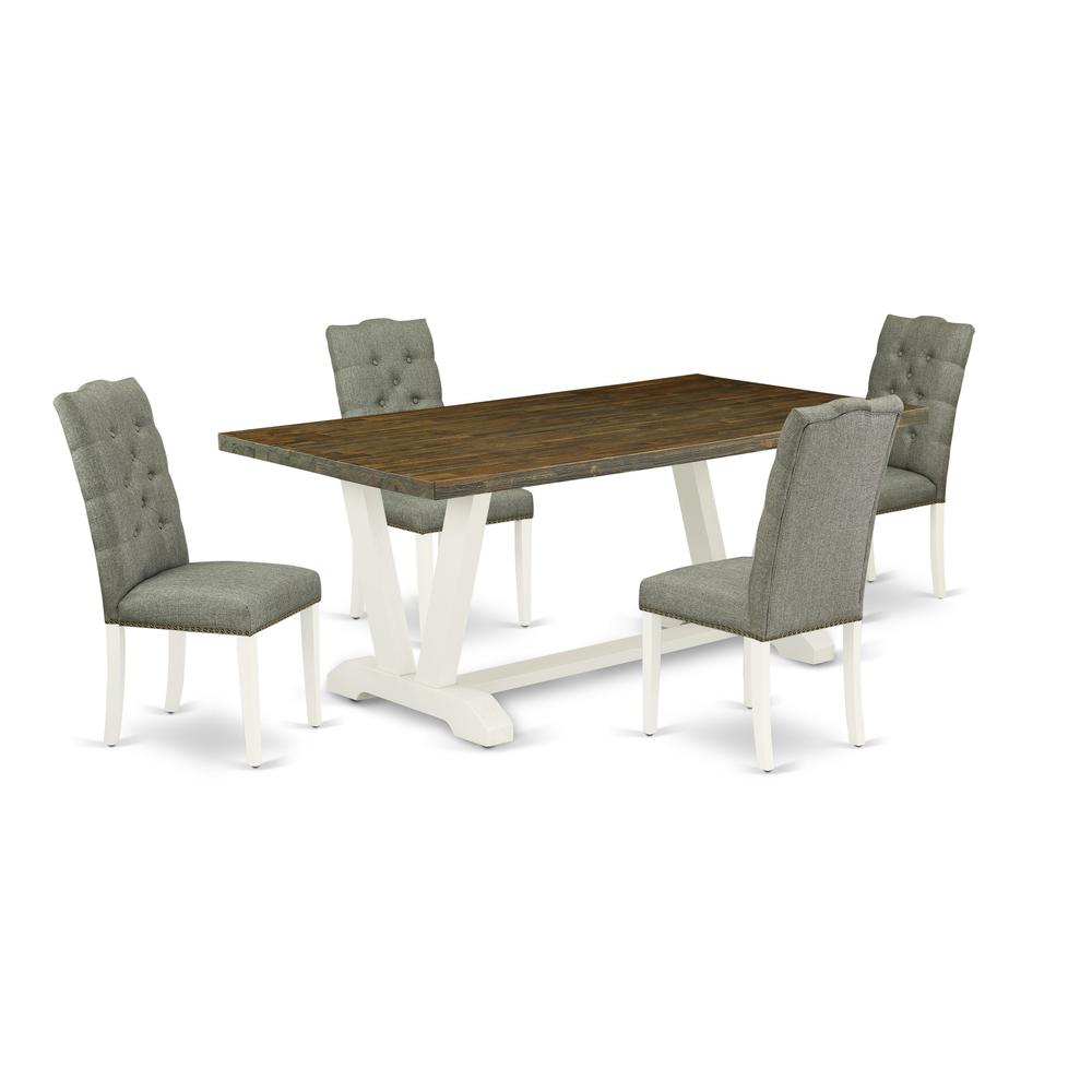 East West Furniture V077EL207-5 5-Pc Dinette Room Set- 4 Kitchen Parson Chairs with Smoke Linen Fabric Seat and Button Tufted Chair Back - Rectangular Table Top & Wooden Legs - Distressed Jacobean and. Picture 1