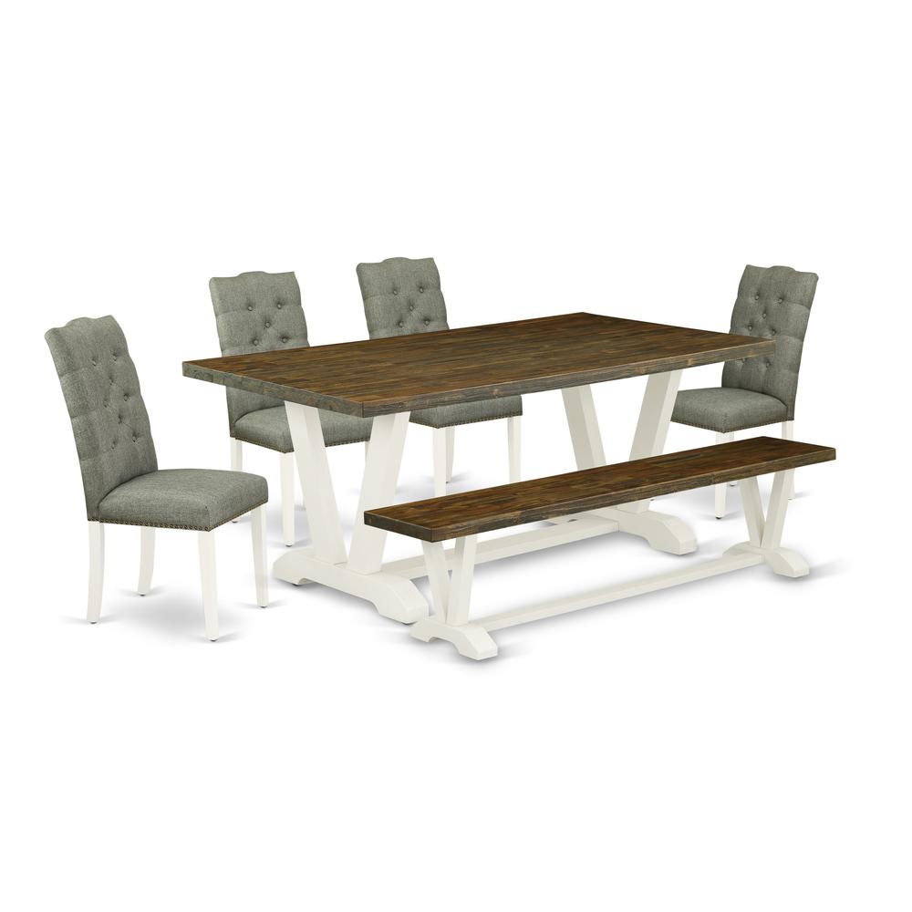 East West Furniture V077EL207-6 6-Pc Kitchen Dining Set- 4 Kitchen Chairs with Smoke Linen Fabric Seat and Button Tufted Chair Back - Rectangular Top & Wooden Legs Dining Room Table and Bench - Distre. Picture 1
