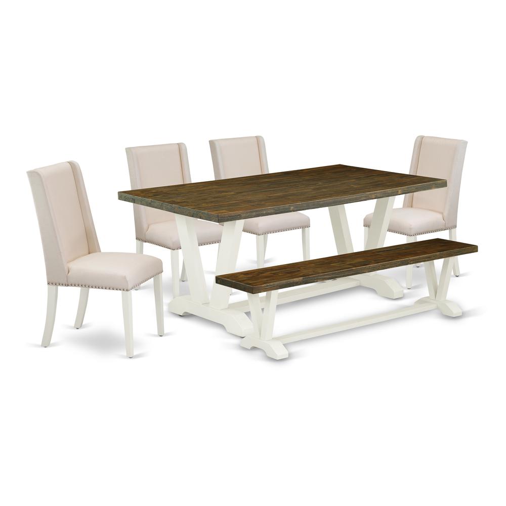 East West Furniture 6-Piece Amazing Rectangular Dining Room Table Set an Outstanding Distressed Jacobean Kitchen Rectangular Table Top and Distressed Jacobean Dining Bench and 4 Lovely Linen Fabric Di. Picture 1