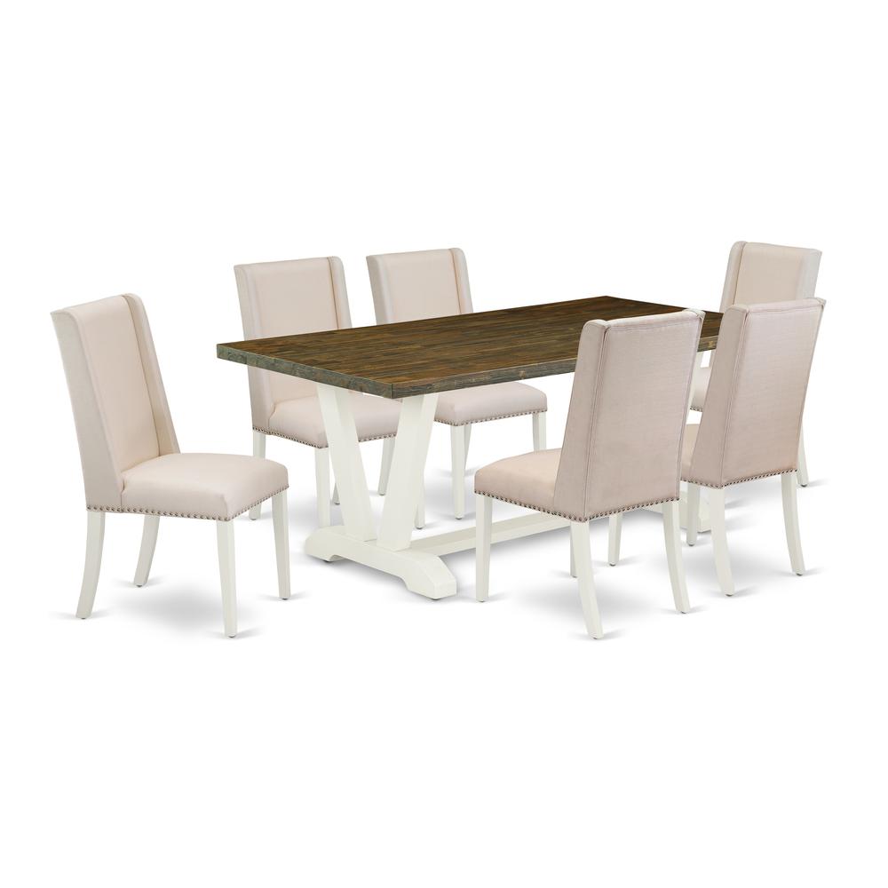 East West Furniture 7-Pc Awesome Dining Set an Outstanding Distressed Jacobean Color Dining Room Table Top and 6 Stunning Linen Fabric Padded Parson Chairs with Nail Heads and Stylish Chair Back, Wire. Picture 1