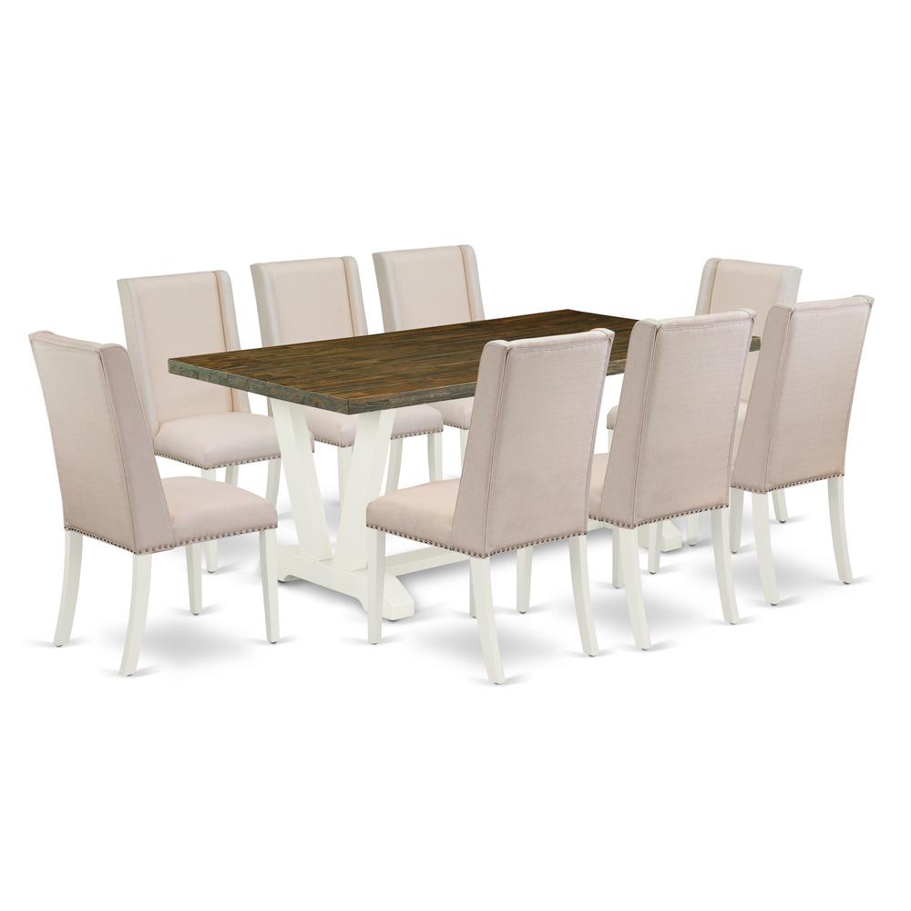 East West Furniture 9-Piece Fashionable Dining Room Set an Outstanding Distressed Jacobean Dining Room Table Top and 8 Amazing Linen Fabric Parson Dining Room Chairs with Nails Head and Stylish Chair. Picture 1
