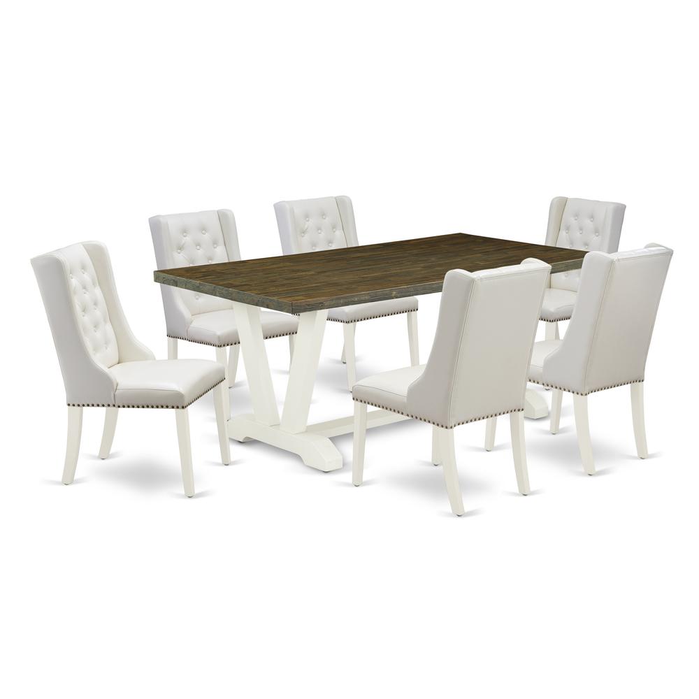 East West Furniture V077FO244-7 7-Piece Dining Table Set Includes 6 White Pu Leather Kitchen Chairs Button Tufted with Nail heads and Rectangular Dining Table - Linen White Finish. Picture 1