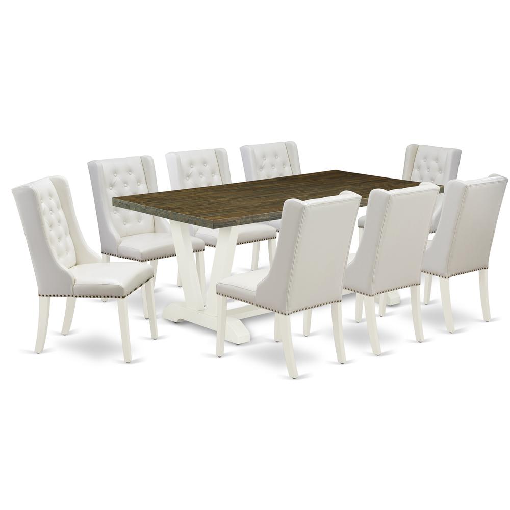 East West Furniture V077FO244-9 9-Piece Kitchen Table Set Contains 8 White Pu Leather Parson Chair Button Tufted with Nail heads and Dining Room Table - Linen White Finish. Picture 1