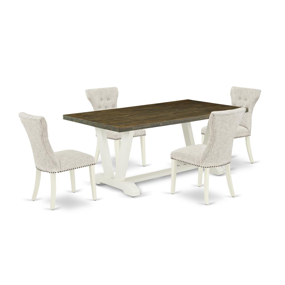 East West Furniture 5-Piece Dining Set- 4 Parson Dining Chairs with Doeskin Linen Fabric Seat and Button Tufted Chair Back - Rectangular Table Top & Wooden Legs - Distressed Jacobean and Linen White F. Picture 1