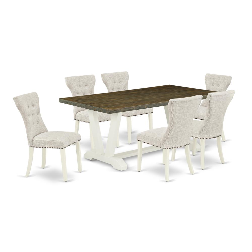 East West Furniture 7-Pc Dinette Room Set- 6 Upholstered Dining Chairs with Doeskin Linen Fabric Seat and Button Tufted Chair Back - Rectangular Table Top & Wooden Legs - Distressed Jacobean and Linen. Picture 1
