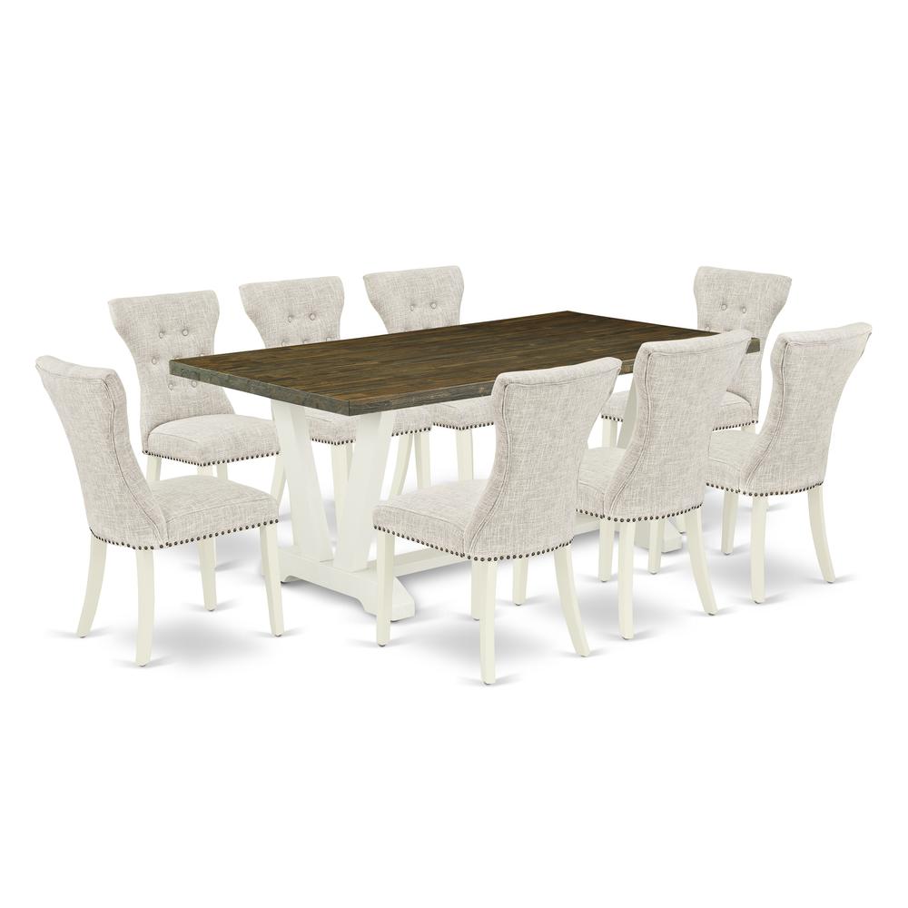 East West Furniture 9-Pc Dining Table Set- 8 Parson Dining Chairs with Doeskin Linen Fabric Seat and Button Tufted Chair Back - Rectangular Table Top & Wooden Legs - Distressed Jacobean and Linen Whit. Picture 1