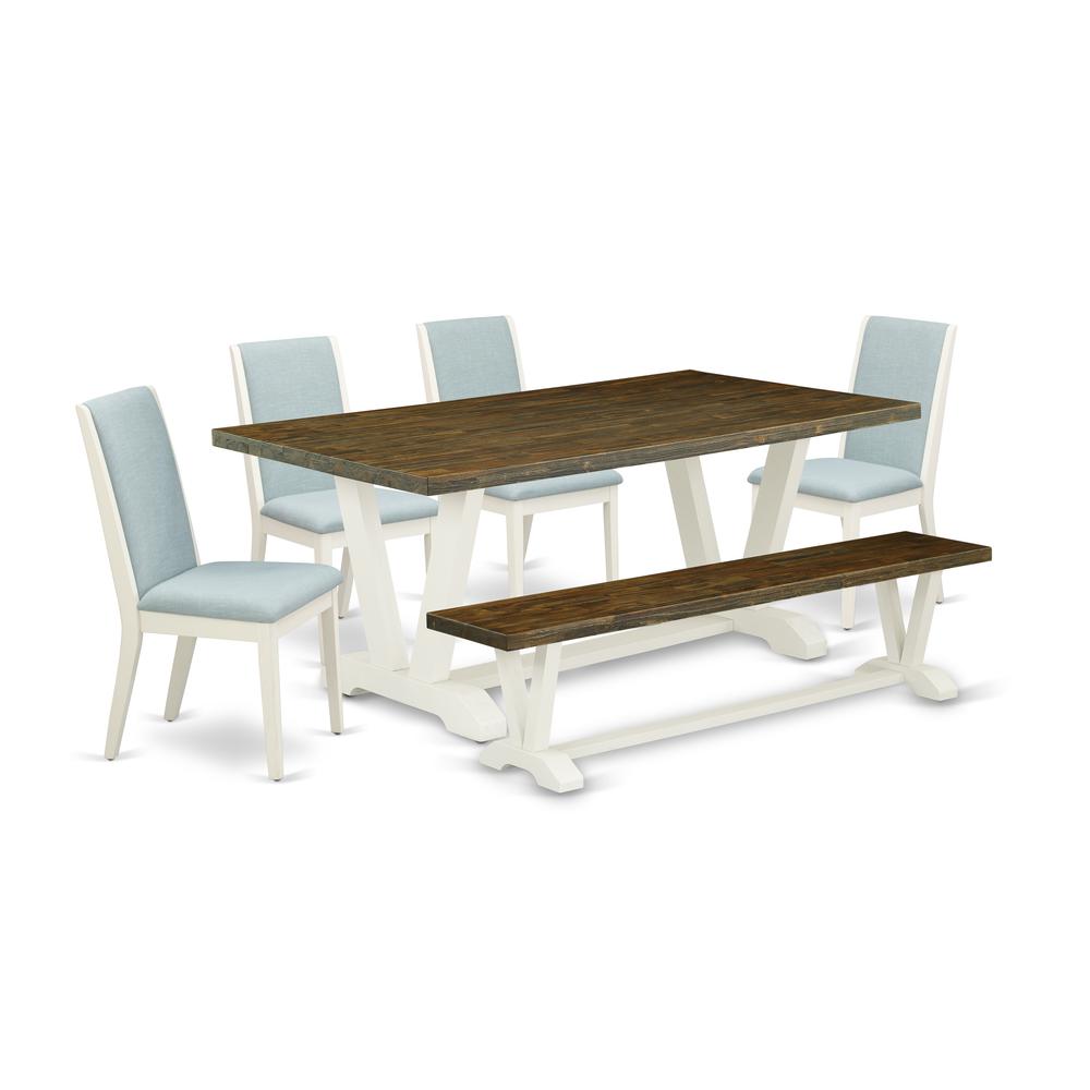 East West Furniture V077LA015-6 6Pc Dining Table Set Includes a Wood Dining Table, 4 Parsons Dining Chairs with Baby Blue Color Linen Fabric and a Bench, Medium Size Table with Full Back Chairs, Wireb. Picture 1