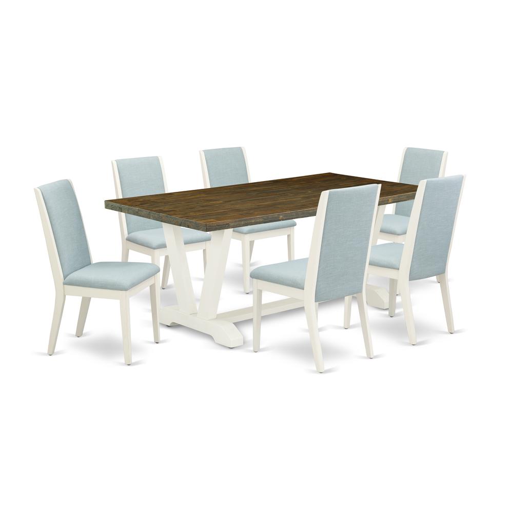 East West Furniture V077LA015-7 7Pc Dining Room Table Set Includes a Dining Room Table and 6 Parsons Dining Room Chairs with Baby Blue Color Linen Fabric, Medium Size Table with Full Back Chairs, Wire. Picture 1