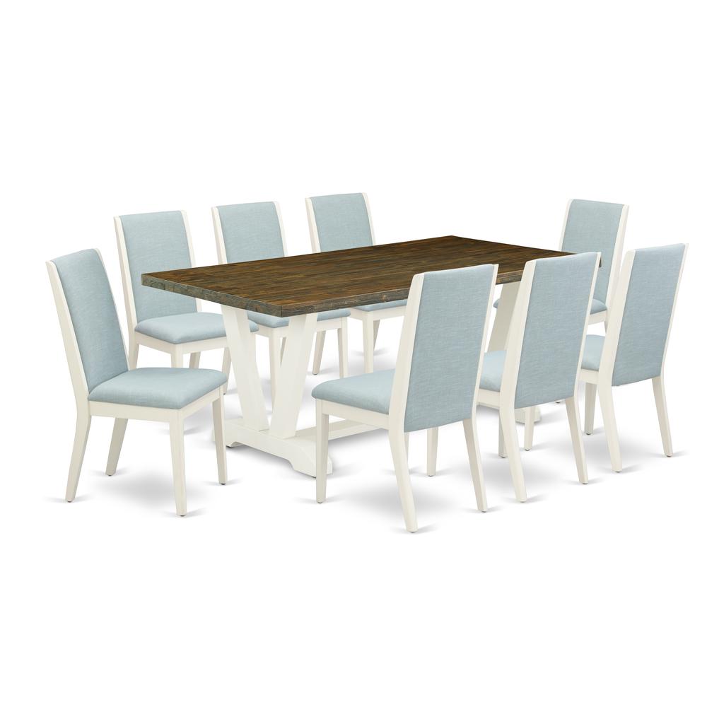 East West Furniture V077LA015-9 9Pc Dining Table set Consists of a Rectangular Table and 8 Upholstered Dining Chairs with Baby Blue Color Linen Fabric, Medium Size Table with Full Back Chairs, Wirebru. Picture 1