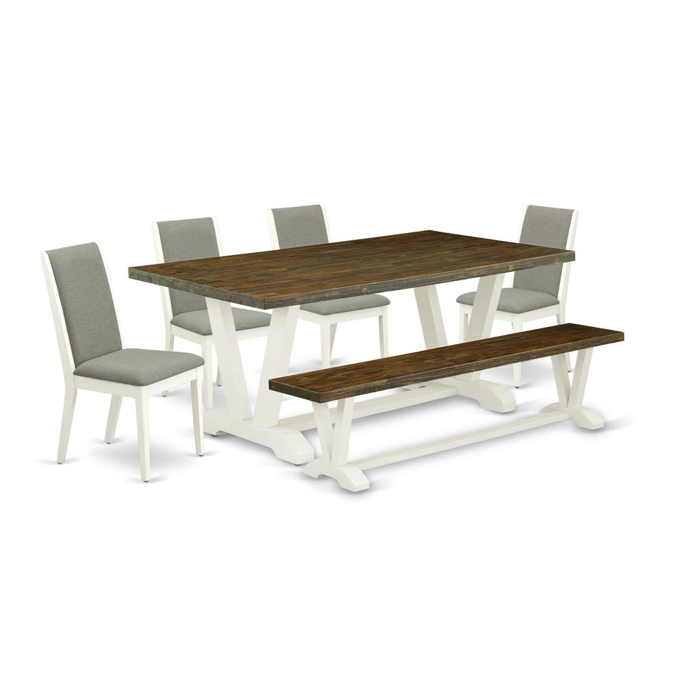 East West Furniture V077LA206-6 6-Piece Amazing Dining Table Set an Outstanding Distressed Jacobean Wood Table Top and Distressed Jacobean Wooden Bench Indoor and 4 Gorgeous Linen Fabric Parson Dining. Picture 1
