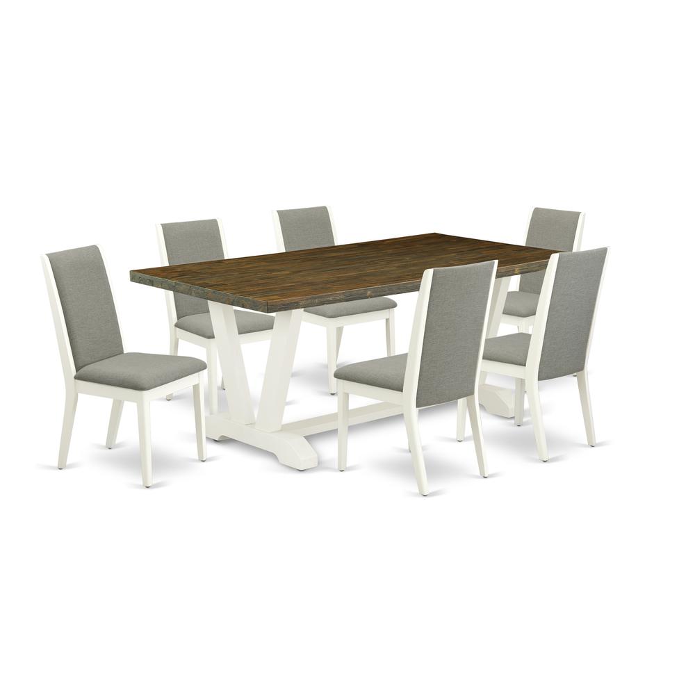 East West Furniture V077LA206-7 7-Piece Fashionable Dining Room Set a Good Distressed Jacobean Wood Dining Table Top and 6 Amazing Linen Fabric Parson Chairs with Stylish Chair Back, Linen White Finis. Picture 1