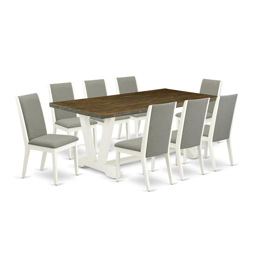 East West Furniture V077LA206-9 9-Piece Fashionable Dining Set an Excellent Distressed Jacobean dining table Top and 8 Stunning Linen Fabric Parson Dining Chairs with Stylish Chair Back, Linen White F. Picture 1