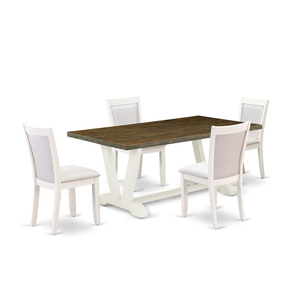 East West Furniture 5-Pc Dinner Table Set Contains a Rectangular Table and 4 Cream Linen Fabric Dining Chairs with Stylish Back - Wire Brushed Linen White Finish. Picture 2