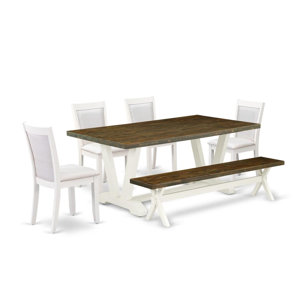 East West Furniture 6-Pc Dinner Table Set Contains a Wood Table - 4 Cream Linen Fabric Dining Chairs with Stylish Back and a Wood Bench - Wire Brushed Linen White Finish. Picture 2