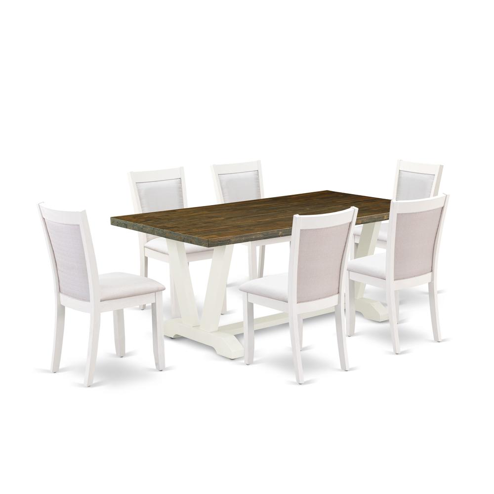 East West Furniture 7-Pc Dinette Set Contains a Wood Dining Table and 6 Cream Linen Fabric Parson Chairs with Stylish Back - Wire Brushed Linen White Finish. Picture 2
