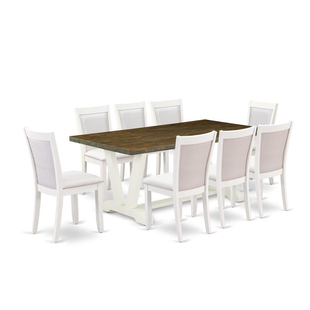 East West Furniture 9-Pc Dining Set Contains a Dining Table and 8 Cream Linen Fabric Dining Room Chairs with Stylish Back - Wire Brushed Linen White Finish. Picture 2