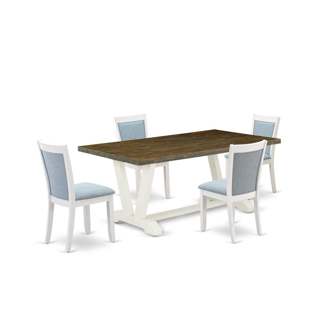 East West Furniture 5-Pc Kitchen Dining Table Set Contains a Dining Table and 4 Baby Blue Linen Fabric Upholstered Chairs with Stylish Back - Wire Brushed Linen White Finish. Picture 2