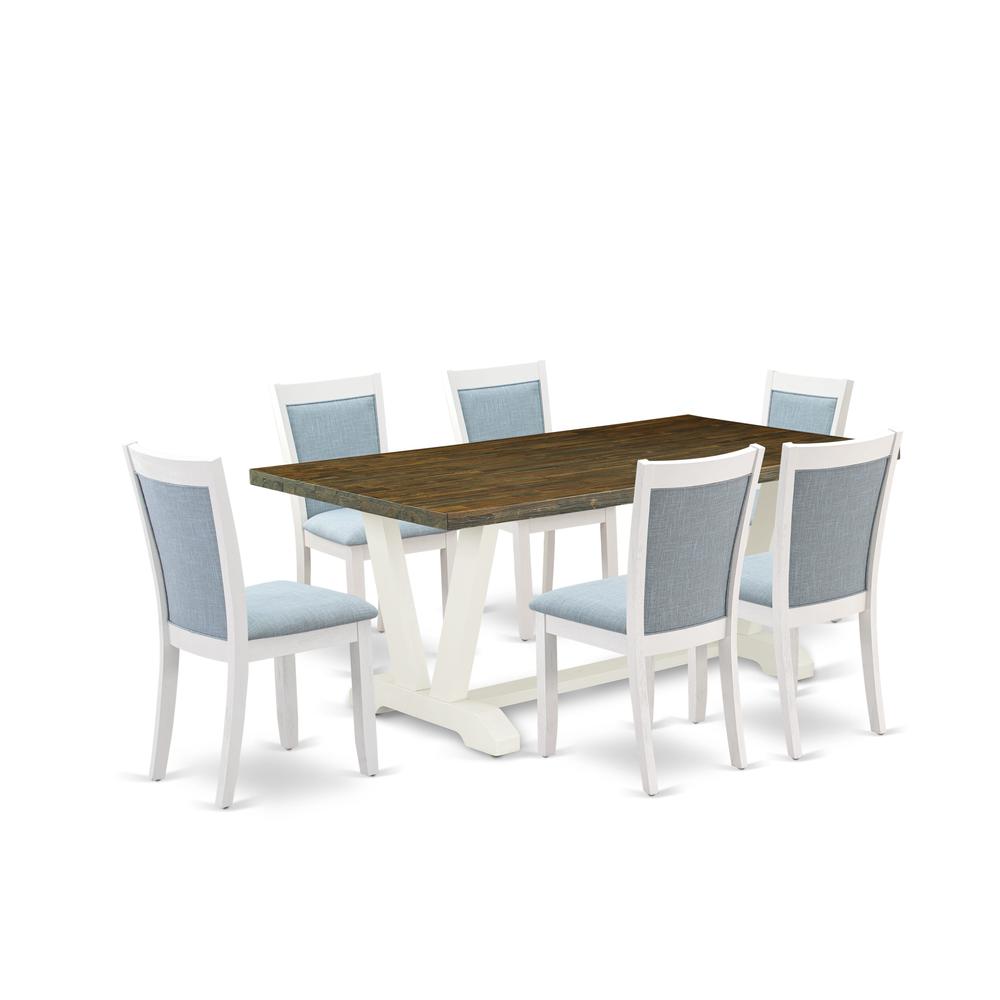 East West Furniture 7-Pc Dining Room Table Set Contains a Dining Table and 6 Baby Blue Linen Fabric Dining Room Chairs with Stylish Back - Wire Brushed Linen White Finish. Picture 2