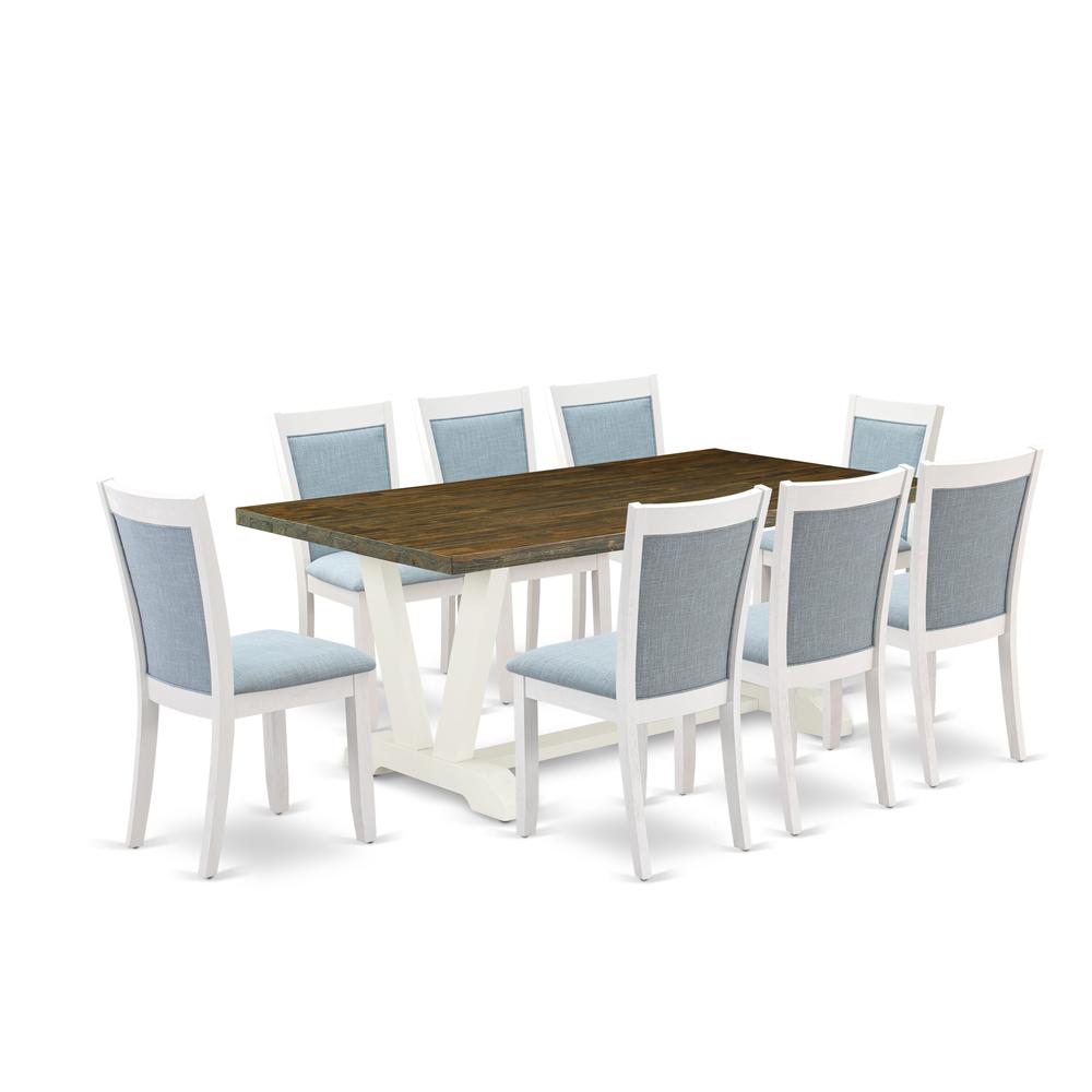 East West Furniture 9-Pc Dining Table Set Contains a Modern Table and 8 Baby Blue Linen Fabric Dining Chairs with Stylish Back - Wire Brushed Linen White Finish. Picture 2