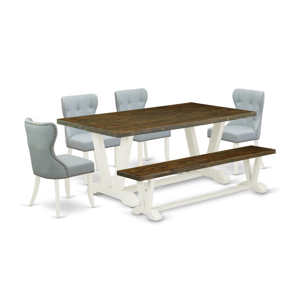 East West Furniture V077SI215-6 6-Piece Dining Table Set- 4 Padded Parson Chairs with Baby Blue Linen Fabric Seat and Button Tufted Chair Back - Rectangular Top & Wooden Legs Dining Room Table and Kit. Picture 1