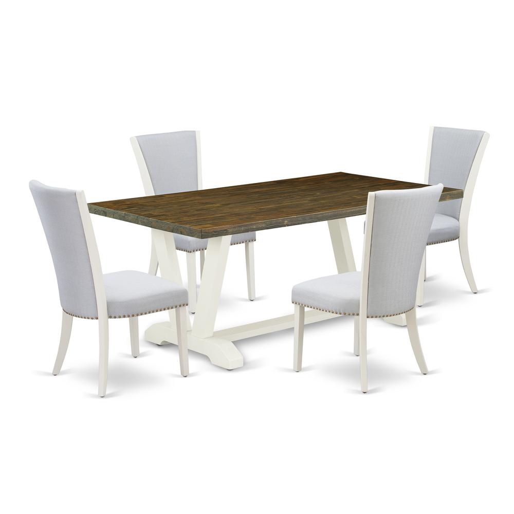 East West Furniture 5-Piece Kitchen Table Set Consists of 4 Dining Chairs with Upholstered Seat and Stylish Back-Rectangular Breakfast Table - Distressed Jacobean and Wirebrushed Linen White Finish. Picture 1