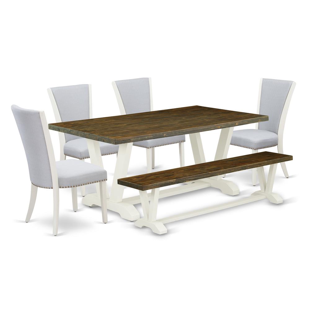 East West Furniture V077VE005-6 6 Piece Kitchen Table Set - Distressed Jacobean Dinner Table, 1 Dining Room Bench and 4 Grey Linen Fabric Parson Chairs with Nailheads - Wire Brushed Linen White Finish. Picture 1